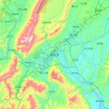 Топографическая карта 雅安市, высота, рельеф