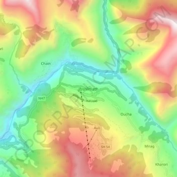 Топографическая карта Joshimath, высота, рельеф