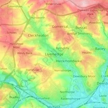 Топографическая карта Liversedge, высота, рельеф