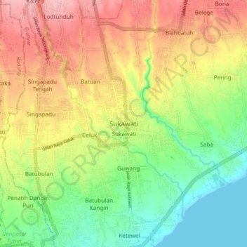 Топографическая карта Sukawati, высота, рельеф