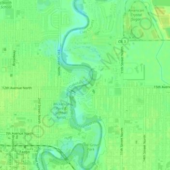 Топографическая карта Fargo 12th Avenue Dam, высота, рельеф