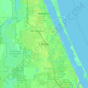 Топографическая карта Palm Bay, высота, рельеф