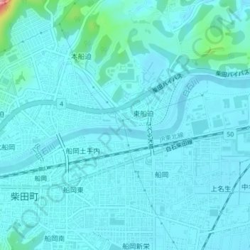 Топографическая карта 白石川堤一目千本桜 桜のトンネル, высота, рельеф