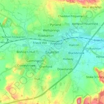 Топографическая карта Taunton, высота, рельеф