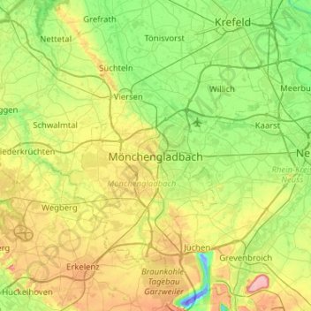 Топографическая карта Mönchengladbach, высота, рельеф