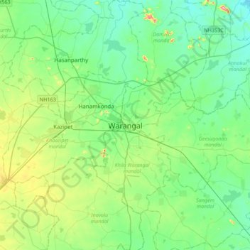 Топографическая карта Warangal, высота, рельеф