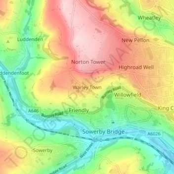 Топографическая карта Warley Town, высота, рельеф