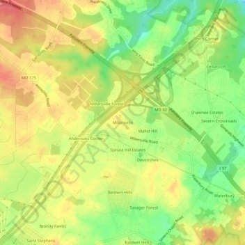 Топографическая карта Millersville, высота, рельеф
