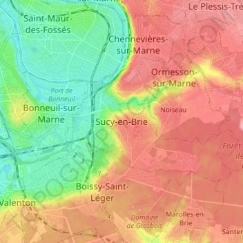 Топографическая карта Sucy-en-Brie, высота, рельеф