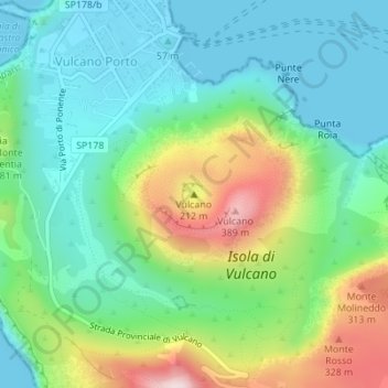 Топографическая карта Vulcano, высота, рельеф