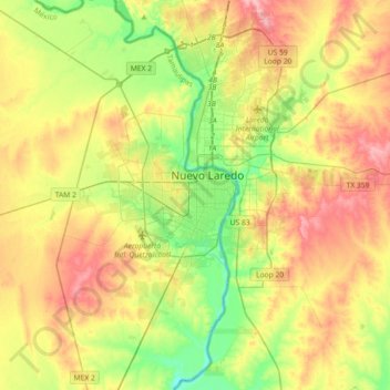 Топографическая карта Nuevo Laredo, высота, рельеф