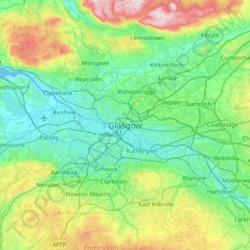 Топографическая карта Глазго, высота, рельеф