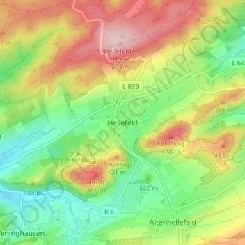 Топографическая карта Hellefeld, высота, рельеф