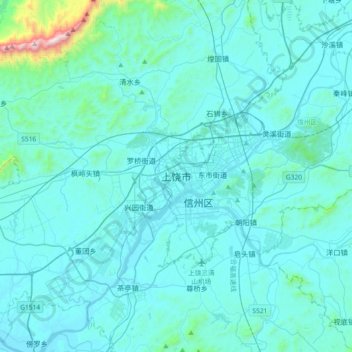 Топографическая карта Shangrao, высота, рельеф