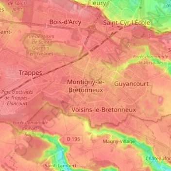 Топографическая карта Montigny-le-Bretonneux, высота, рельеф