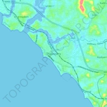 Топографическая карта Thalassery, высота, рельеф