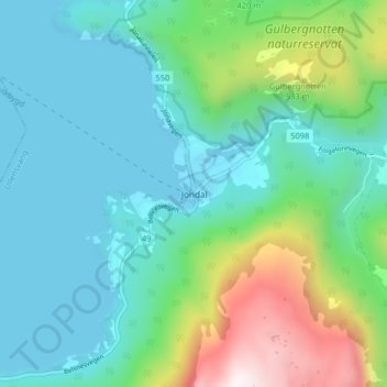 Топографическая карта Jondal, высота, рельеф