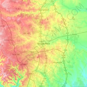 Топографическая карта Round Rock, высота, рельеф