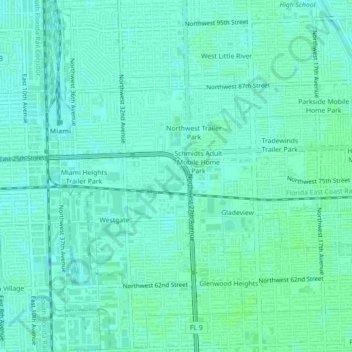 Топографическая карта Palm Lake Trailer Court, высота, рельеф