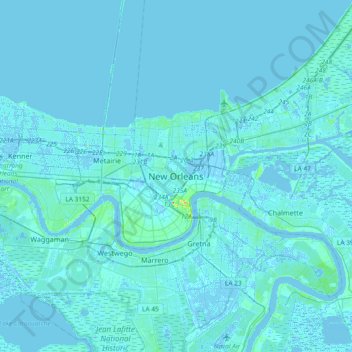 Топографическая карта New Orleans, высота, рельеф