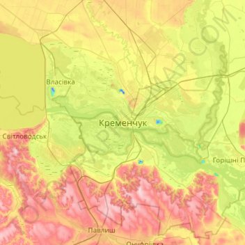 Топографическая карта Кременчуг, высота, рельеф