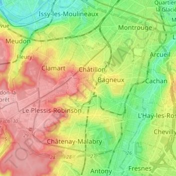 Топографическая карта Fontenay-aux-Roses, высота, рельеф