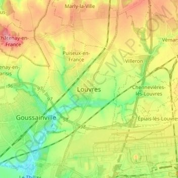 Топографическая карта Louvres, высота, рельеф