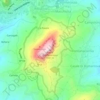 Топографическая карта Pietra Di Bismantova, высота, рельеф