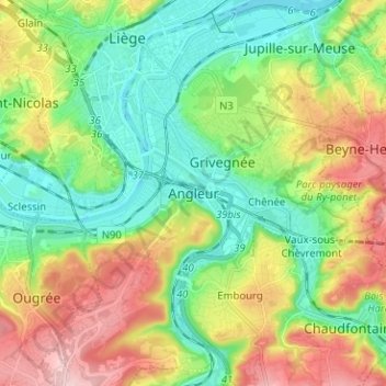 Топографическая карта Angleur, высота, рельеф