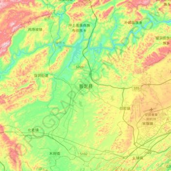 Топографическая карта 普定县, высота, рельеф