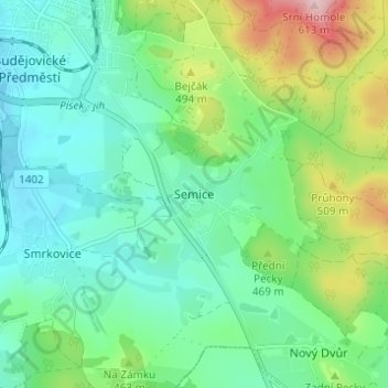 Топографическая карта Semice, высота, рельеф
