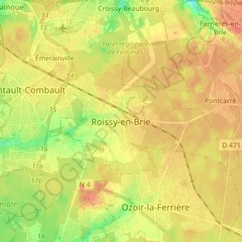 Топографическая карта Roissy-en-Brie, высота, рельеф