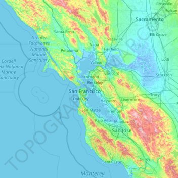 Топографическая карта San Francisco Bay Area, высота, рельеф