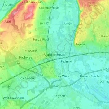Топографическая карта Maidenhead, высота, рельеф