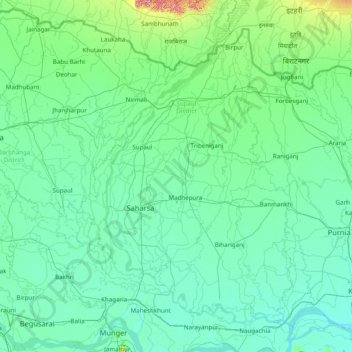 Топографическая карта Saharsa, высота, рельеф