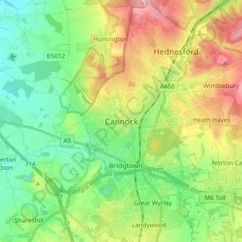 Топографическая карта Cannock, высота, рельеф