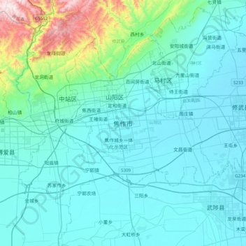 Топографическая карта Jiaozuo, высота, рельеф