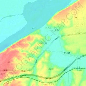 Топографическая карта 虎牢关村, высота, рельеф