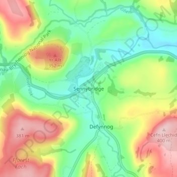 Топографическая карта Sennybridge, высота, рельеф