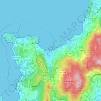 Топографическая карта Bueu, высота, рельеф