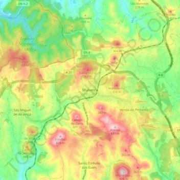 Топографическая карта Malveira, высота, рельеф