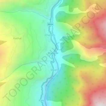 Топографическая карта Bhatwari, высота, рельеф