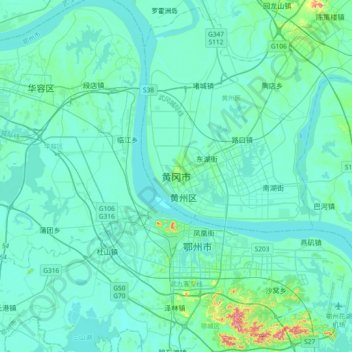 Топографическая карта 黄冈市, высота, рельеф