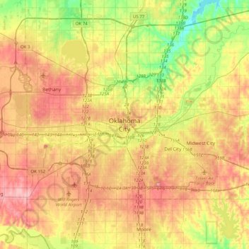 Топографическая карта Oklahoma City, высота, рельеф