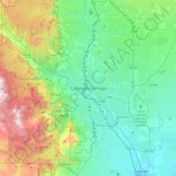 Топографическая карта Колорадо-Спрингс, высота, рельеф