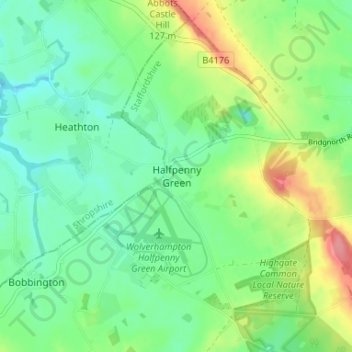 Топографическая карта Halfpenny Green, высота, рельеф