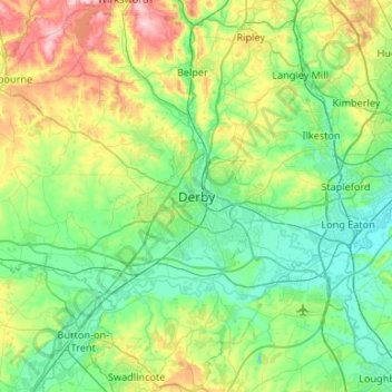 Топографическая карта Дерби, высота, рельеф