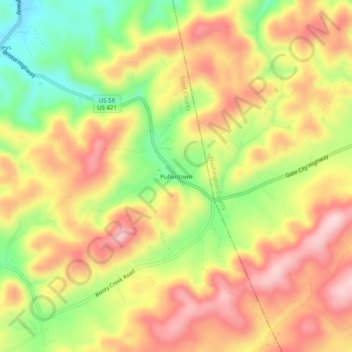 Топографическая карта Pullontown, высота, рельеф