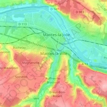 Топографическая карта Mantes-la-Ville, высота, рельеф