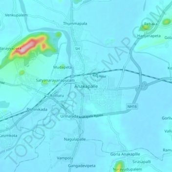 Топографическая карта Anakapalle, высота, рельеф
